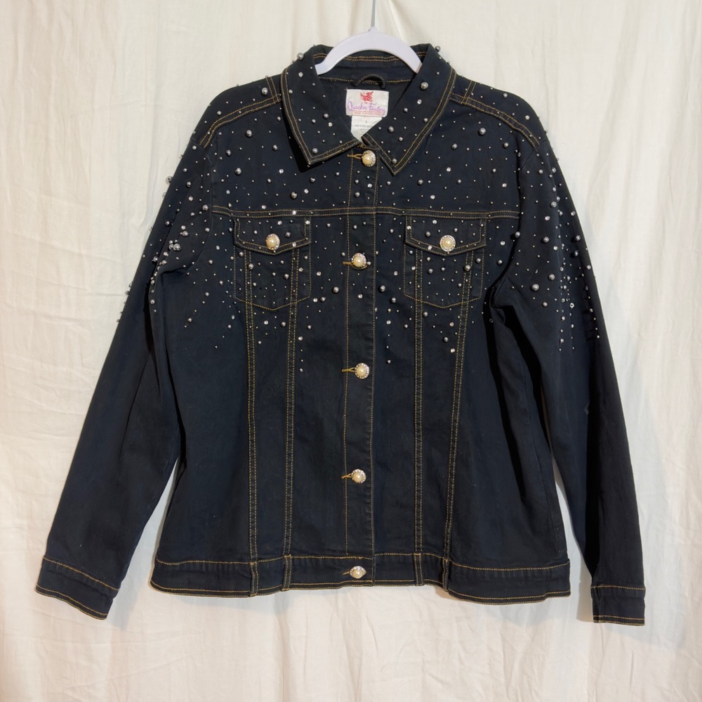 Quacker Factory Denim Jacket L Pearl Rhinestone Studs Jean Jacket Western Glam